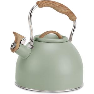 Tea Kettle, Vegoran 100 OZ / 3 Liter Whistling Tea Kettle, Tea Pots for Stove Top Food Grade Stainless Steel with Wood Pattern Folding Handle, Loud Whistle Kettle for Tea, Coffee, Milk (Green)