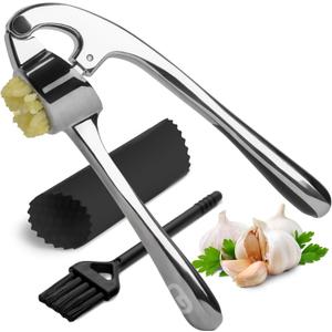 Garlic Press Crusher & Mincer Easy Squeeze Ergonomic Handle, Heavy Duty Zinc Alloy, Dishwasher Safe, Includes Peeler & Cleaning Brush Garlic Ginger Crusher Tool (Imperial Silver)