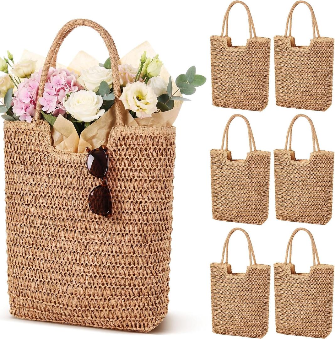 Sanwuta 6 Pack Straw Beach Bags for Women Crochet Tote Bags Bridesmaids Boho Large Woven Tote Bag for Vacation Holiday Summer