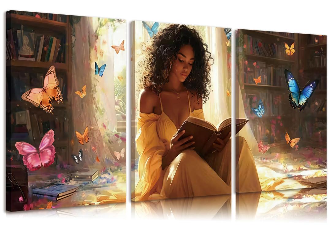 3pcs Black Girl Reading Books Canvas Wall Art Colorful Book Butterflies Wall Decor Pictures African American Girl Posters Prints For Living Room Bedroom Study Reading Room Decoration Prepare To Hang