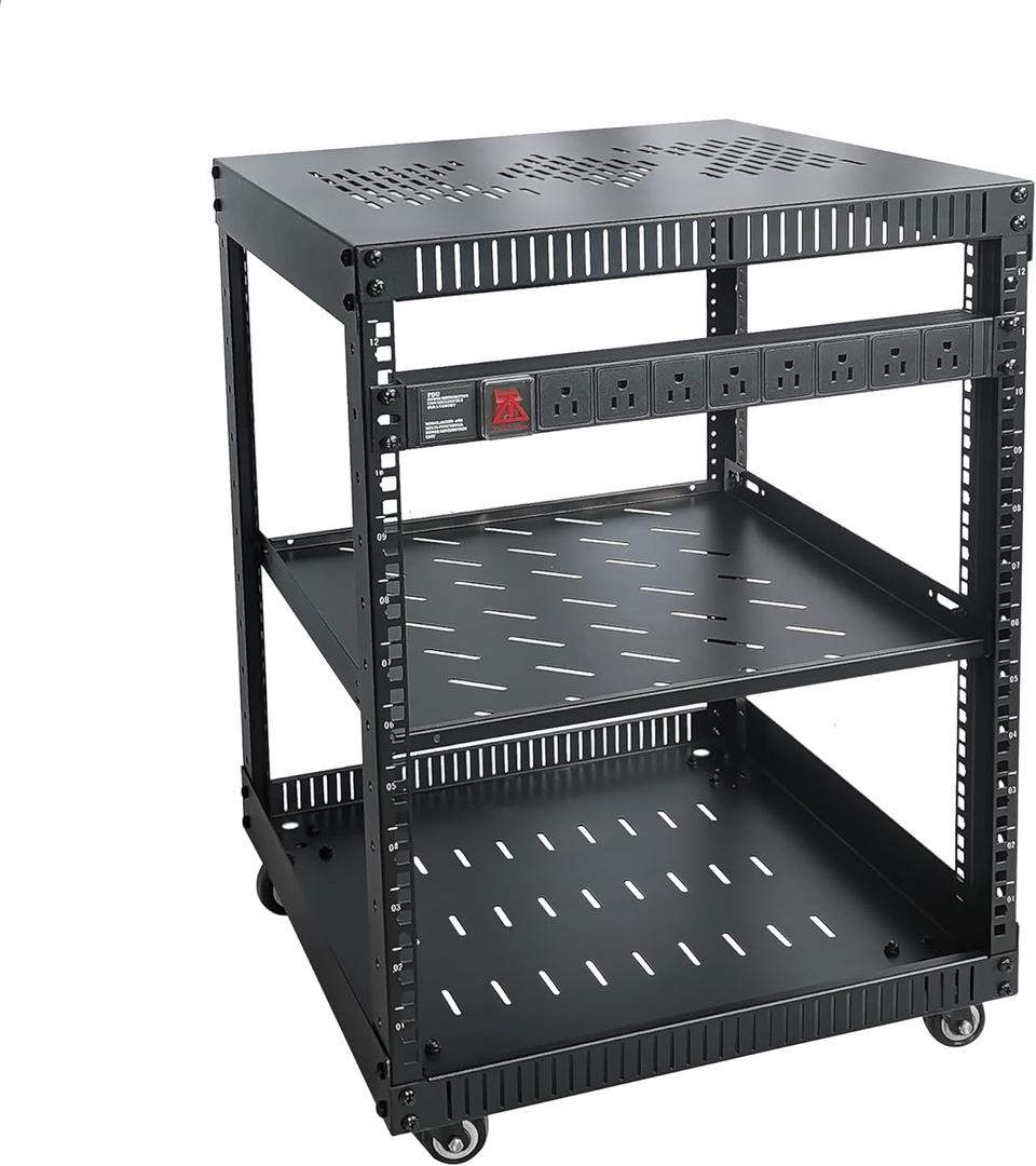 RIVECO 12U Network Rack with Reinforced Top Cover - 4 Post Floor Rack on Wheels for 19" Equipment & Stereo Gear- Including Rack Mount Power Strip & 1PCS 1U Rack Shelf