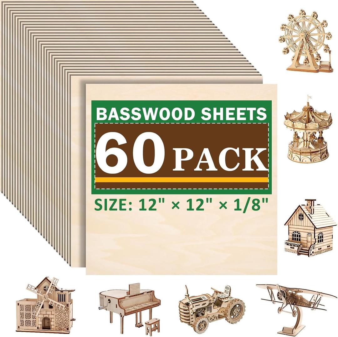 60 Pack Basswood Sheets for Laser Cutting, 12 x 12 x 1/8 Inch, Unfinished Squares Wood Sheets for Crafts - Smooth Surface Plywood for Wood Burning, Engraving, Architectural Models, Painting & Staining