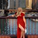 GOKATOSAU Women's Asymmetry Neck High Side Split Bodycon Ruched Plus Size Long Maxi Dress (Red)