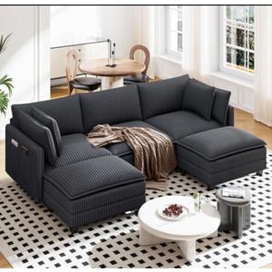 Vesgantti 109" U Shaped Cloud Sectional Sofa, Comfy Corduroy Upholstered Sectional Modular Sofas for Living Room, Modern Modular Couch with 2 Ottoman Deep Seat, Dark Grey