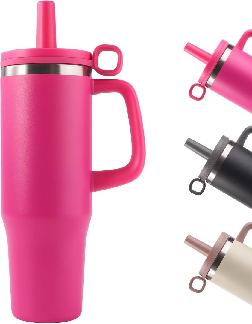 40oz Tumbler, Insulated Stainless Steel Water Bottle with Straw, Cover Cap, Leak Proof Travel Tumbler with Handle, BPA-Free, Cupholder Friendly, Gifts for Women & Men, Passion Pink