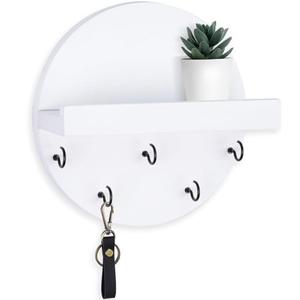 Lwenki Key Holder for Wall – Decorative Key Hook Shelf for Entryway Decor – 7.9 Inch Round Paulownia Wood Hey Hanger with 5 Metal Hooks Includes Mounting Hardware and Installation Guide, Pack 2