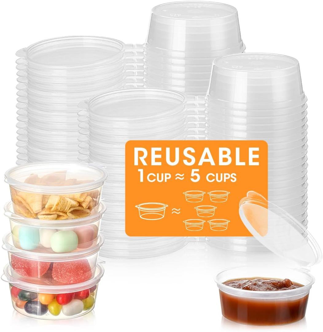 AIEVE 2 oz Reusable Jello Shot Cups with Lids, 50 Pack Heavy Duty Portion Containers, Plastic Small Souffle Cups for Party Household, Portion Control, Meal Prep, Salad Dressing, Sauce Dipping