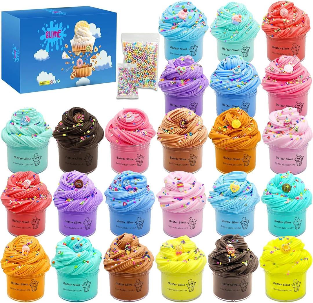 24 Pack Slime kit, Butter Slime, Macaroon Colors Cake Donut and Fruit Party Favors Slime Stretchy and Non-Sticky, Stress Relief Toy for Kids Partys