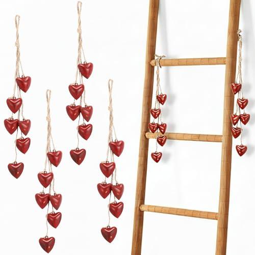 Otoolling 4 Pcs Metal Red Heart Cowbells Indoor Outdoor Decorative Red Cowbells Tibetan Meditation Bell with 6 Heart Bells on Jute Hanging Rope for DIY Crafts Wedding Mother Day Decoration, 1.4 Inch