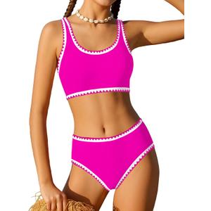 WIQI Girls Swimsuits Bikini Set 2 Piece Bathing Suit Color Contrast Trim Swimwear Size 7-16 (9-10 Years, Hot Pink-a)