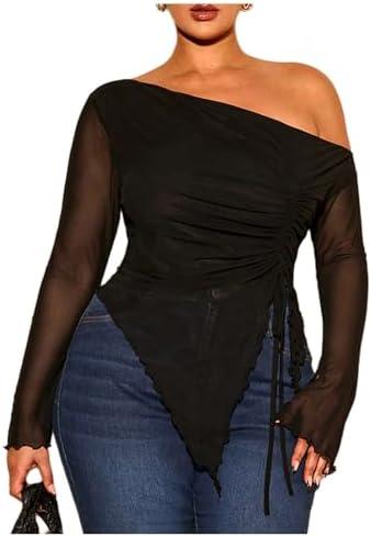 SOLY HUX Women's Plus Size Mesh T Shirt Off The Shoulder Long Sleeve Sheer Tee Ruched Drawstring Asymmetrical Hem Tops L