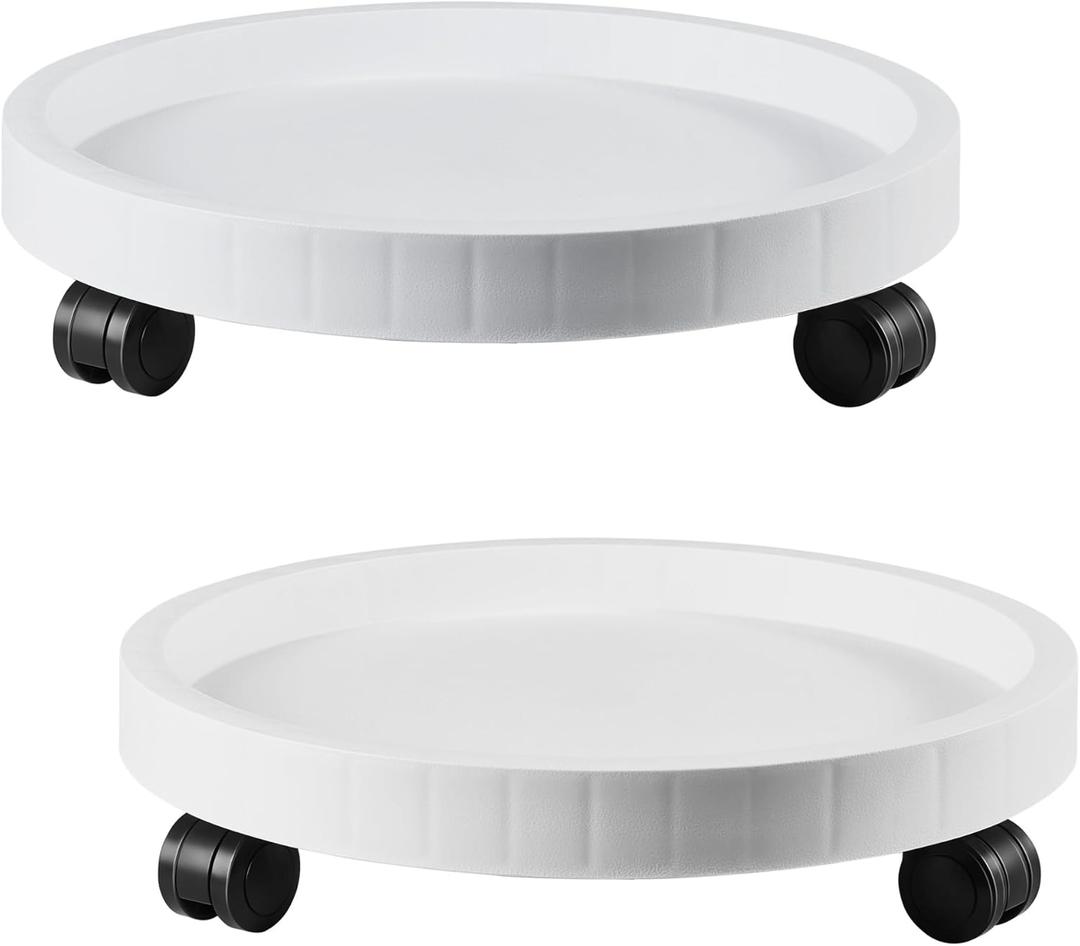 2 Pack of 14.2 Inch Planter Caddies Rolling Saucer Caddy with Wheels, Heavy Duty Wheeled Stand for Potted Plant, Round Coaster Roller Base Tray with Casters, Flower Pot Dolly Holder for Indoor Outdoor (White)