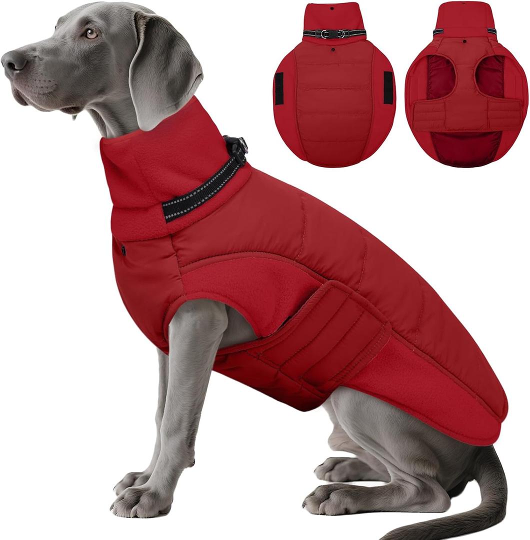DENTRUN Dog Coat with Collar Built in - Water-Repellent Reflective Dog Coat, Double-Layer Fleece Belly, Adjustable Neck & Chest, Ideal for Bulldog, Cocker Spaniel, Red, L