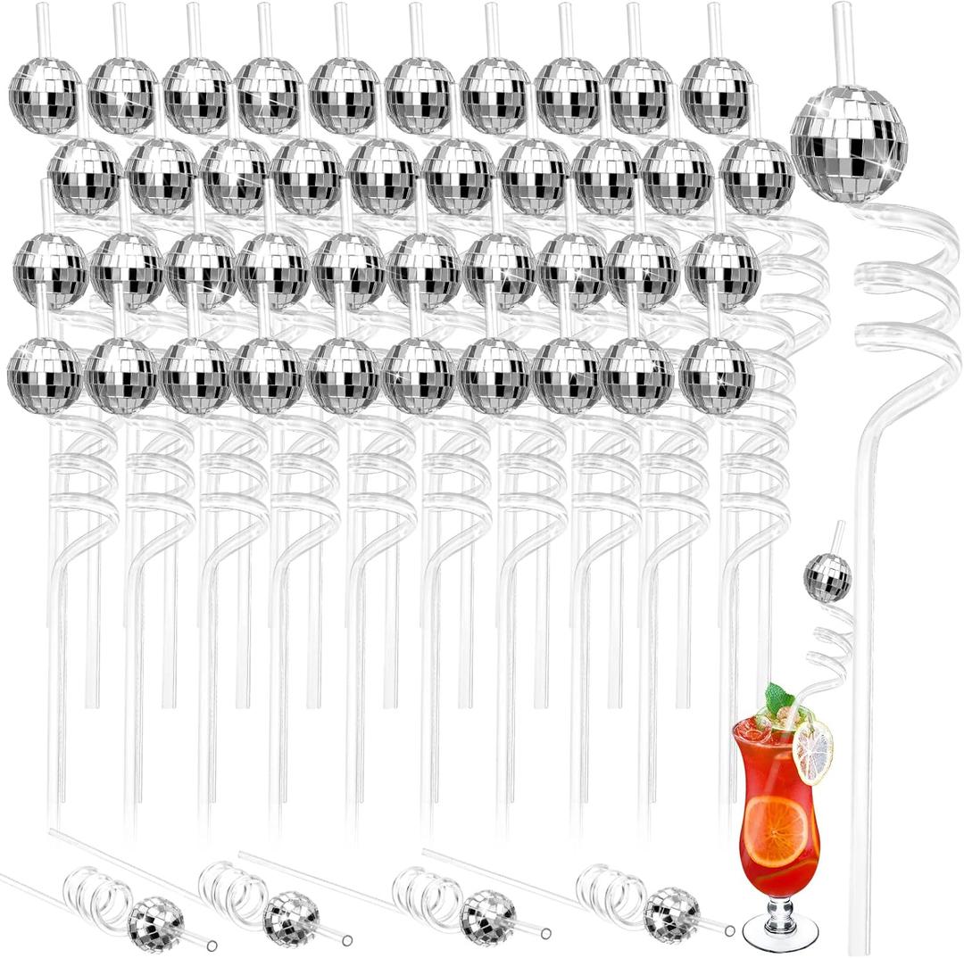 40 Pieces 70s Disco Ball Straws Glitter Mirror Silver Ball Straws 70s Wedding Birthday Party Decorations Disco Supplies for 1970s Fever Retro Dance Holiday Wedding Bachelorette Party Decor