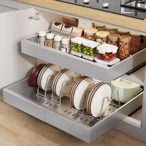 Seinloes 2 Pack Pull out Cabinet Organizer 21"Deep With Raising Pad for Framed Cabinets, Expandable Slide out Drawers for Kitchen Cabinets with 4pcs Divider Racks,Roll out Shelves 12.1"-20.4" W Silver