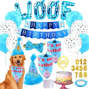 Dog Birthday Party Supplies, Adjustable Dog Bandana Set with Hat, Banner, Balloons and Bow Tie for Party Decorations Festive Accessories Party Photos & Celebrations- Large Medium Small Pet Puppy Dogs (Blue)