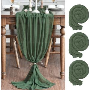 Artoid Mode Boho Forest Green Gauze 3 Pieces Wedding Table Runner, 120 Inch Birthday Fabric Kitchen Dining Holiday Table Decor for Home Party Indoor