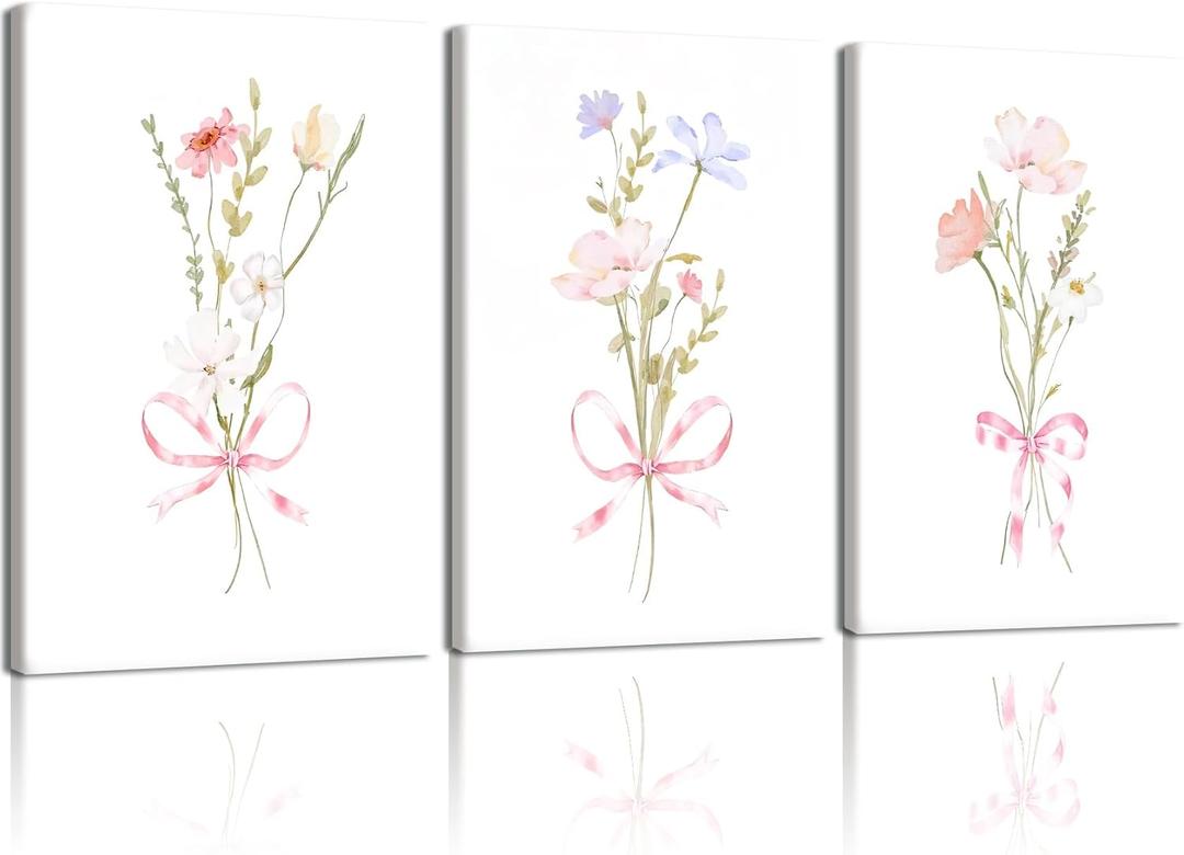 AUUAUU 3-Piece Framed Watercolor Floral Wall Art Canvas Print Set, 12x16 Inch Botanical Aesthetic Wall Decor Pastel Pink Ribbon Flower Posters & Prints for Girls Bedroom Nursery Living Room Kitchen