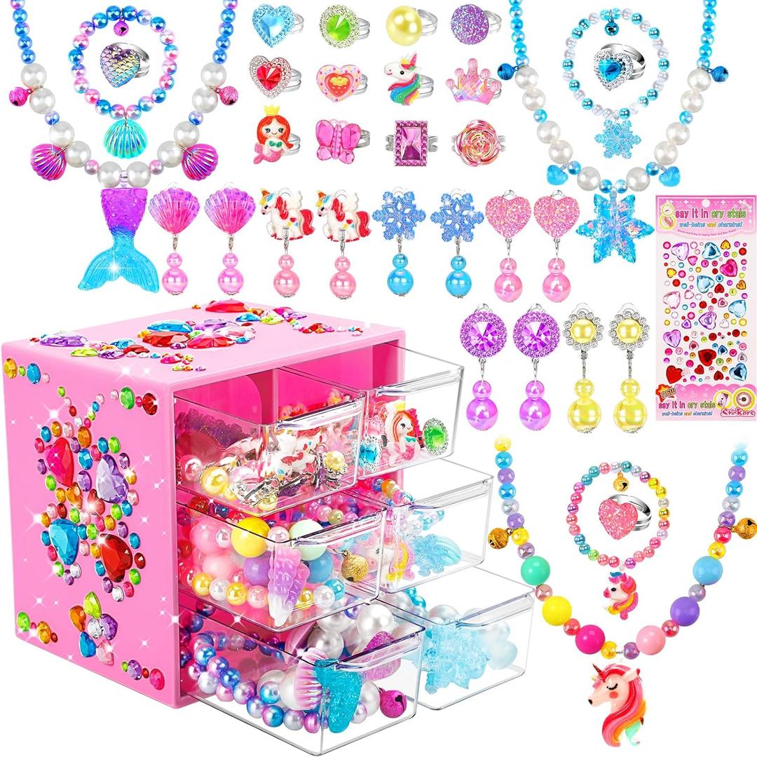 Jewelry Toys-for-Girls, Toddler Girl Toys Age 6-8, Kids Play Jewelry Princess Toy for 3 4 5 6 7 Year Old Girls Dress Up, Unicorn Mermaid Frozen Necklaces Rings Earrings for Christmas Birthday Gifts