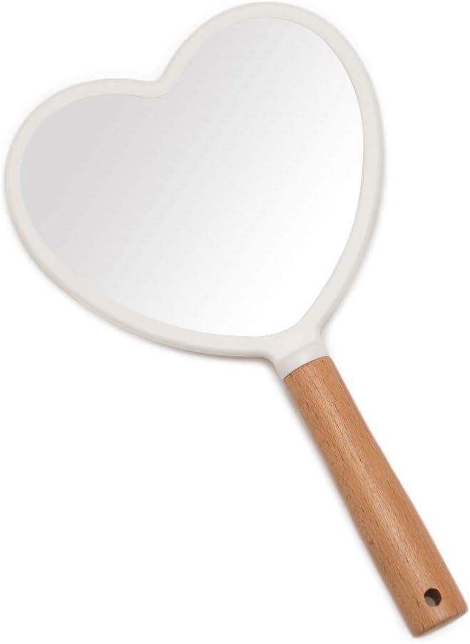 YEAKE Hand Held Mirror with Handle for Makeup,Small Cute Wood Hand Mirror for Shaving with Hole Hanging Single-Sided Portable Travel Vanity Mirror for Men&Women(Heart) (9"L x 5.5"W)