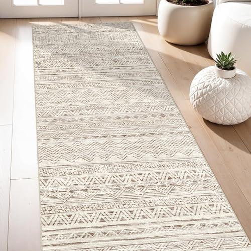 3x7 Washable Hallway Runner Rug - Moroccan Non-Slip Indoor Table Long Runners for Entryway Soft Low-Pile Neutral Rugs for Kitchen Waterproof Geometric Carpet for Bedroom Bathroom Laundry 3x7 Beige