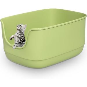 Gefryco Large Cat Litter Box with High Sided 24.6"x18.3"x12.2" - Jumbo Extra Large Open Anti - Splashing High Wall for Multiple Cats (Green)