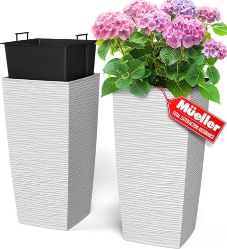 Mueller M-Resin Heavy Duty Tall Planters for Outdoor Plants, Indoor Grande Plant Pots, Boxes, Trees, Flower Pots, 2-Piece Set, 18”, Modern Design, Built-in Drainage, Front Porch Decor, White