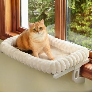 Cloud-Cuddle Cat Window Perch with 4-Sided Bolster, Zipper Design Cushion Window Seat for Window Sill, Sturdy Metal Frame & Easy Assembly Pet Hammock Bed for Indoor Cats (White, Large)