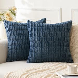 ANRODUO Pack of 2 Blue Pillow Covers Corduroy Decorative Throw Pillow Covers 18x18 Inch for Couch Bed Living Room Soft Striped Square Cushion Case Rustic Boho Pillows Neutral Pillows Room Home Decor
