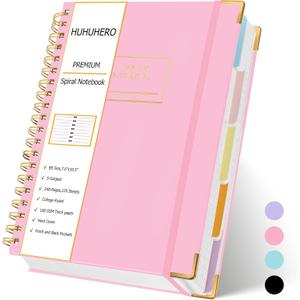 Huhuhero 5 Subject Notebook with Dividers, 240 Pages Pink Spiral Journal College Ruled, B5 Aesthetic Writing Journals for Women, Hardcover Notebooks for Work Note Taking, College Essentials (7.6x10.5)