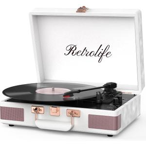 Vinyl Player, Retrolife Bluetooth Portable Suitcase Record 33/45/78 RMP Player with Built-in Speakers Turntable Enhanced Audio Sound PU Leather Vintage