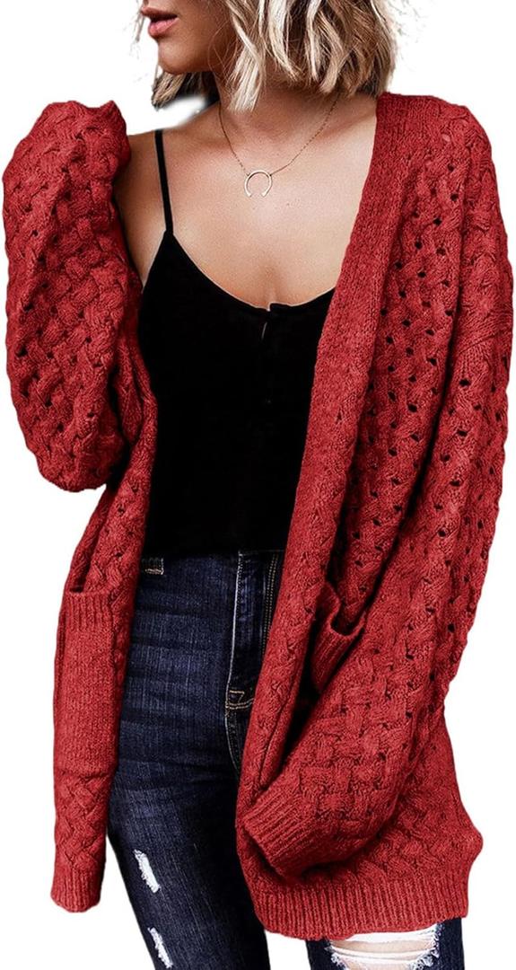 Dokotoo Women's 2026 Fashion Casual Open Front Long Sleeve Chunky Cable Knit Cardigans Sweaters Outerwear Coats with Pockets (Large, Red)