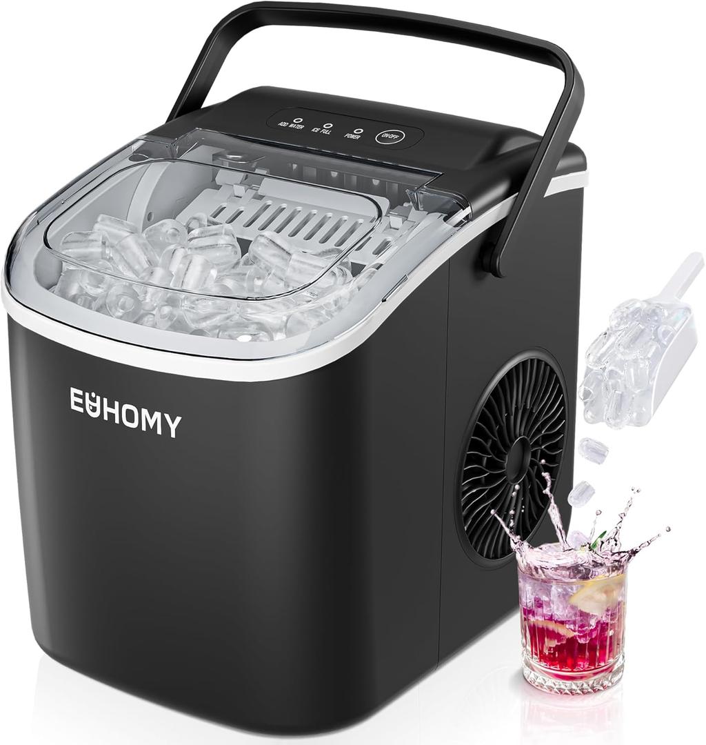 EUHOMY Countertop Ice Maker Machine with Handle, 26lbs in 24Hrs, 9 Ice Cubes Ready in 6 Mins, Auto-Cleaning Portable Ice Maker with Basket and Scoop, for Home/Kitchen/Camping/RV. (Black) (11.57"D x 11.42"W x 8.74"H)