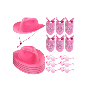 Newcotte 18 Pcs Western Cowboy Plastic Hat Set Include 6 Hats 6 Paisley Bandanas 6 Pairs Heart Glasses for Party