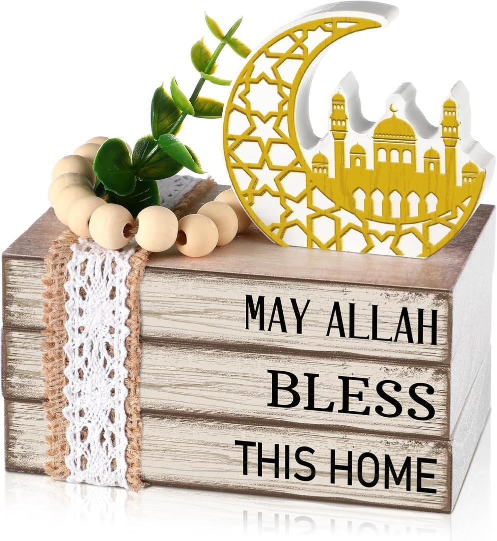 Eid Mubarak Decorations for Home Ramadan Decorations Wood Ramadan Mubarak Table Sign Golden Moon Eid Tiered Tray Sign for Islamic Muslim Table Indoor Shelf Office Gifts