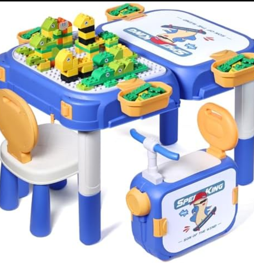 fygurso Toddler Table and Chair Set, Water/Sand Sensory Rideable Building Block Kids Table and Chairs with 90 Pcs Compatible Large Bricks, Kids Activity Table with Storage, STEM Toys for Kids Ages 3+