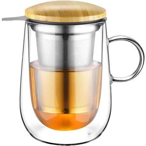 Glastal Tea Infuser Mug 14.5oz Insulated Heatproof Glass Tea Cup with Removable Infuser and Lid, Clear Glass Teacup 430ml Double Wall Borosilicate Glass Teacup for Loose Tea, Gifts for Parents 