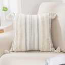 decorUhome Summer Decorative Boho Throw Pillow Cover 18x18, Accent Neutral Textured Tufted Pillow Cover Striped for Couch Bed Sofa, Beige and Cream White, Pack of 1