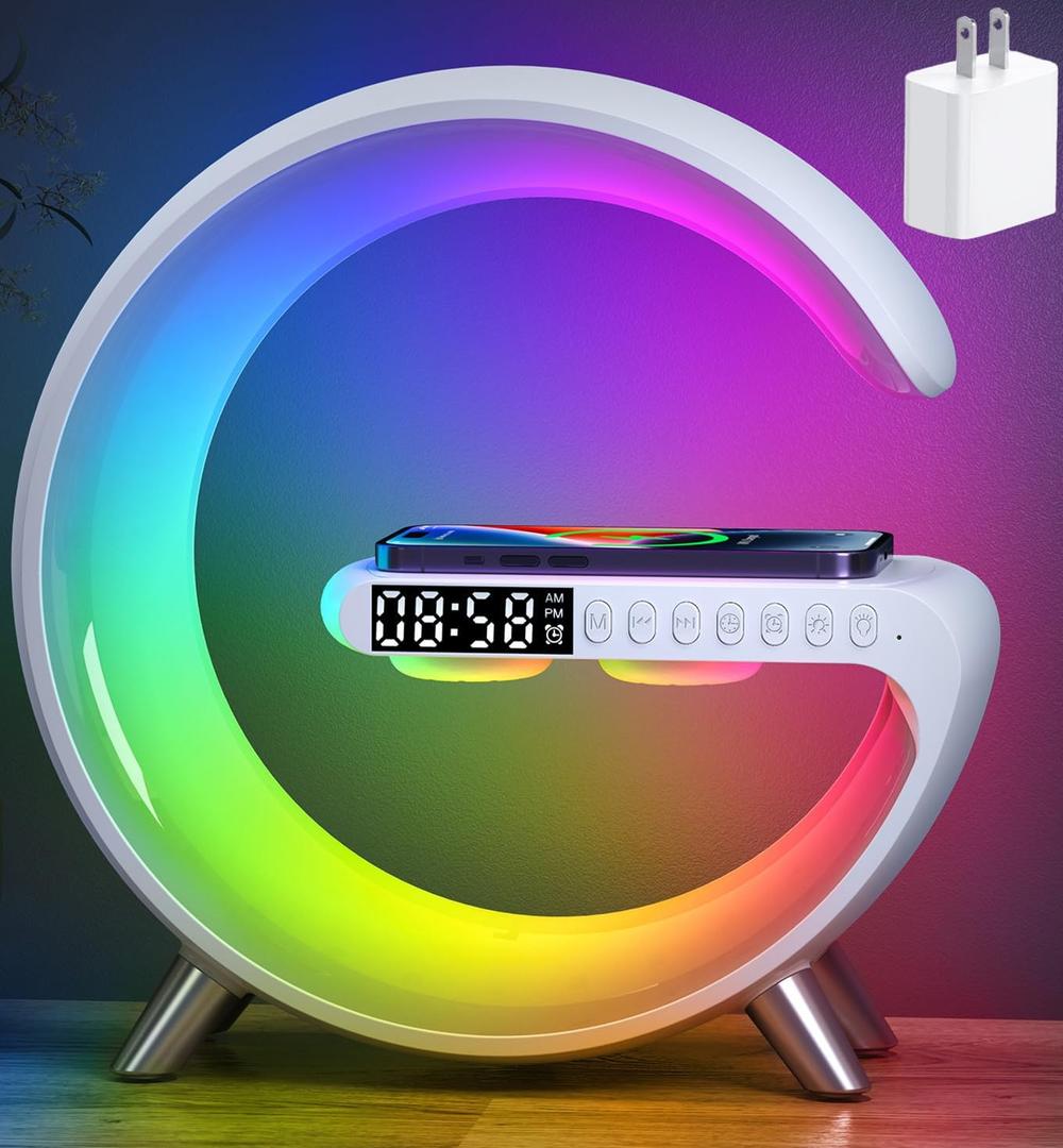 Smart LED Table Lamp, 5in1 Night Light Fast Wireless Charging Station, 256 Lights Mode Dimmable Bedside Lamp, Bluetooth Speaker & App Control for Bedroom, Home Decor, Alarm Clock for Festival Gifts