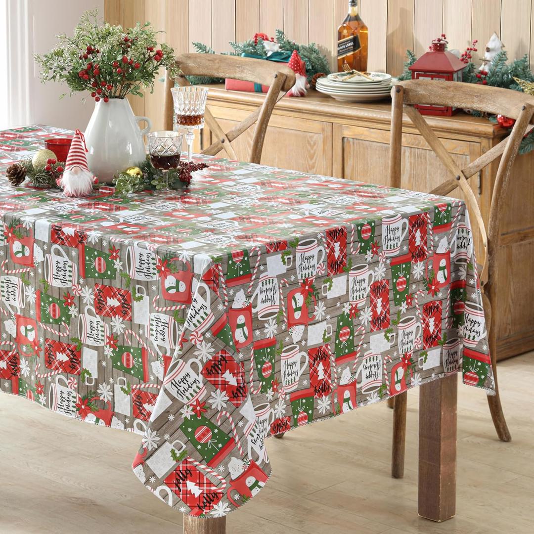 Newbridge Jolly Holiday Candy Cane Christmas Vinyl Tablecloth with Flannel Backing, Grey Red Green Wipe Clean Table Cover, 60 x 120 Inch Rectangle
