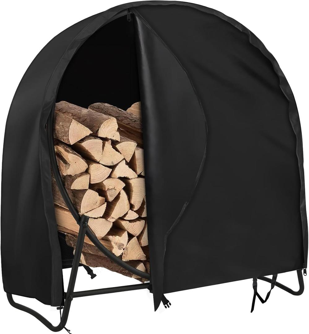 AKEfit 40 Inch Firewood Log Hoop Cover, Heavy Duty 600D Oxford Outdoor Waterproof Round Log Rack Cover with Zipper & 2 Windproof Buckle Straps & Drawstring,Round Firewood Rack Cover 40 INCH, Black