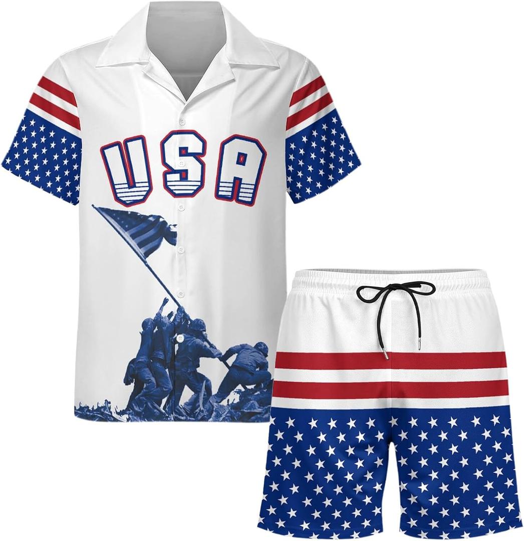 Men's 4th of July Outfits Independence Day Suit USA Flag White Blue Shirt Shorts for American Patriots (White, M)