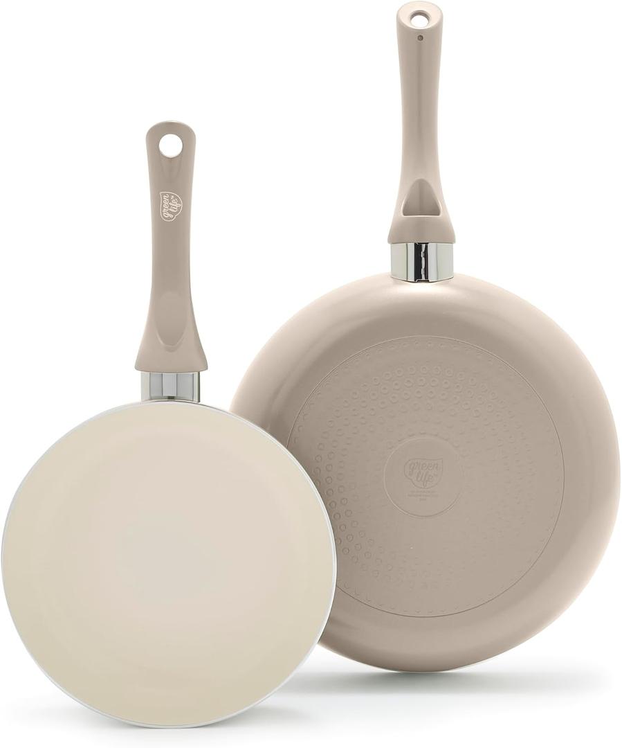 GreenLife 2-Piece Nonstick Frying Pan Set, 8 & 10 Skillets, Non-Toxic Ceramic Cookware, Dishwasher Safe, Stay-Cool Handles, Induction Ready, Fast Heating, Omelet Pan, PFAS Free, Beige Taupe