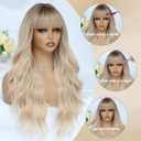 MINSEEYOO Blonde Wig with Bangs for Women Long Blonde Wavy Wigs 26 Inch Blonde Wigs Natural Looking Heat Resistant Synthetic Wig for Daily Party Use
