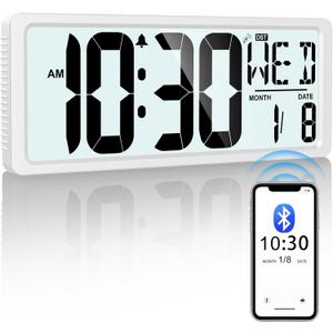 Bluetooth Time Sync Digital Wall Clock Battery Operated with Backlight, Auto DST Large Digital Wall Clock with Day, Date & Temperature, 15'' Large Digital Clock for Home, Bedroom, Office (White)