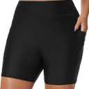 Tournesol Women's Plus Size Swim Shorts High Waisted Swimsuit Bottoms Tankini Boy Shorts Bathing Suit with Pocket (1X, Black 6'' Inseam)
