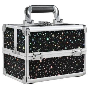 Joligrace Makeup Train Case Portable Cosmetic Box 2 Trays with Mirror Lockable for Makeup Nail Tech and Beauticians Traveling Makeup Storage Organizer - Black Star