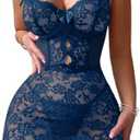 Foxiny Sexy Mini Bows Ruffle Cutout Floral Lace Sheer Babydoll Lingerie Dress with Thong 2 Piece Small