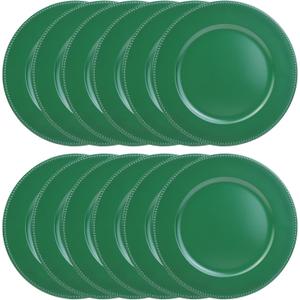 Set of 12 Green Charger Plates with Beaded. 13" Reusable Plastic Table Chargers for Dinner Plates