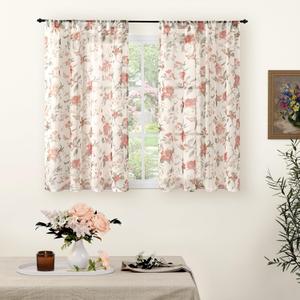 Lajode Sheer Curtains 45 Inch Length 2 Panels Set, Floral Patterned Linen Look Semi-Sheer Light Filtering Short Farmhouse Curtains for Bedroom Window, Rod Pocket, Terracotta, Each 52 Inch Wide